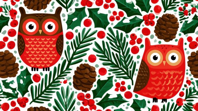 Owls surrounded by holly, pine cones, and snow create a vibrant pattern suitable for holiday textiles and wrapping paper.