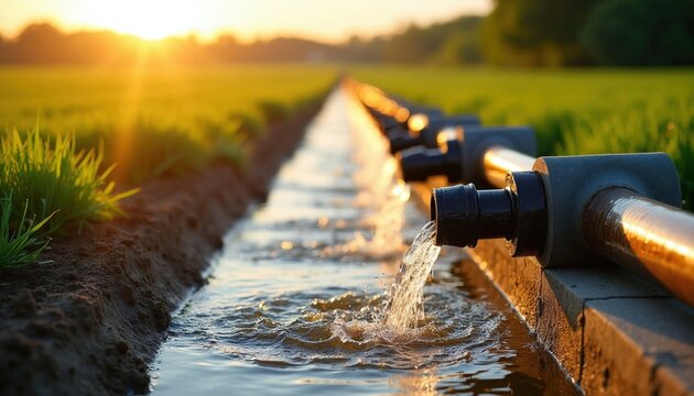 Irrigation pipes deliver water to green fields at sunset. Water flows in a channel, enriching farmland. Agriculture relies on water systems for plant growth and harvests.