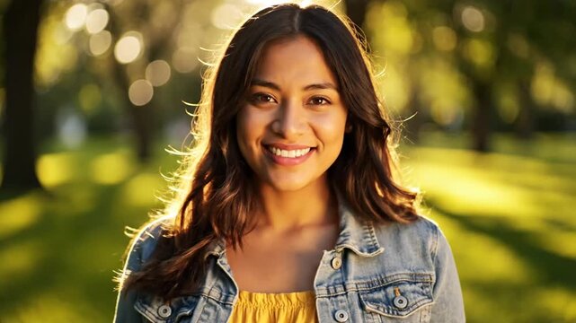 Smiling young woman in denim jacket at park sunset