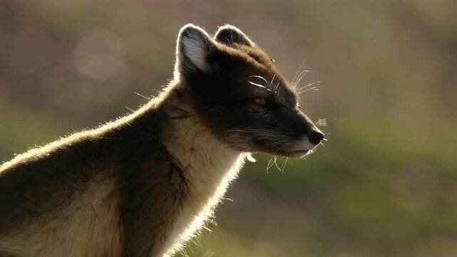 An Arctic fox (Vulpes lagopus) walks surrounded by mosquitoes.