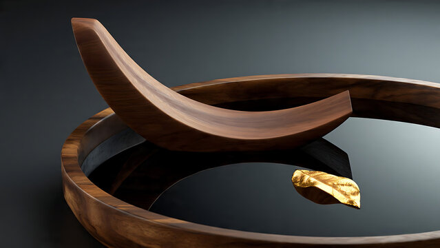 Abstract wooden sculpture with a golden leaf on a dark surface
