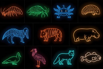 Naklejka premium Ten animal designs are shown as neon outlines, displayed individually on black tiles in a neat grid format. Each represents a unique species.