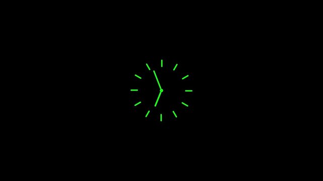 Glowing green neon analog clock face isolated on a dark black background for digital time concepts