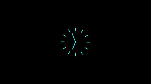 Glowing cyan neon analog clock face isolated on a dark black background for digital time concepts