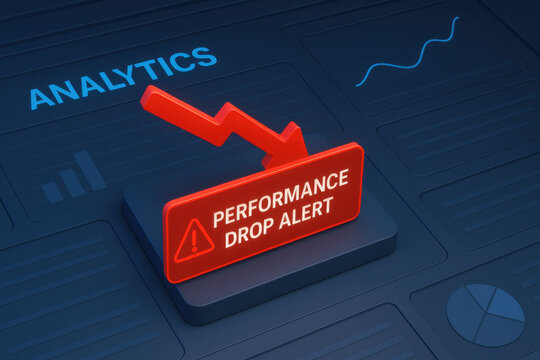 Concerning analytics screen shows performance drop alert. red chart arrow pointing down symbolizes business crisis, failure, and financial loss on modern workplace dashboard