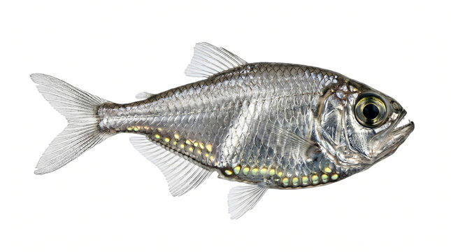 Hatchet hatchetfish swims through the water with its unique silver scales and large lateral eyes.