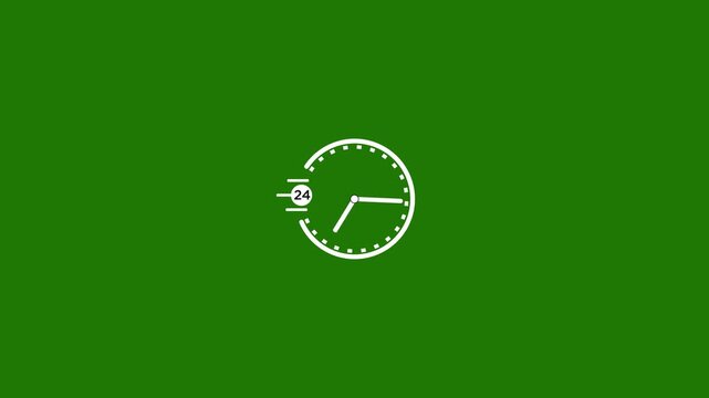 White twenty four hour clock centered on a solid vibrant green background