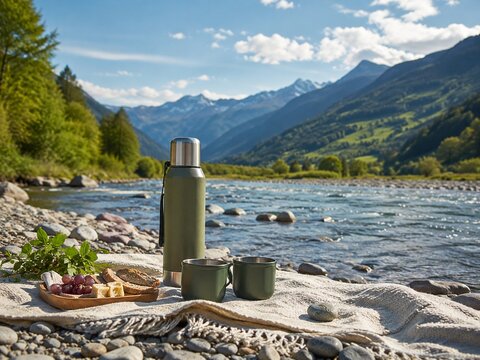 Riverbank picnic-style travel setup with tea flask and mountains in the distance