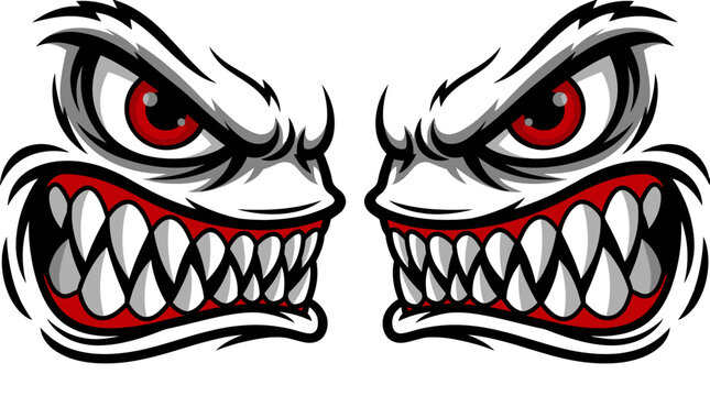 Angry shark monster face decal with red eyes.