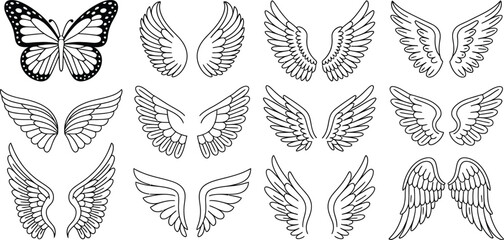 Wing icons, angel wings, feather illustrations, wing designs, 15 elements © KABIR678