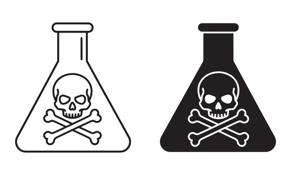 Black and white toxic flask icons with skull and bones Vector, illustration