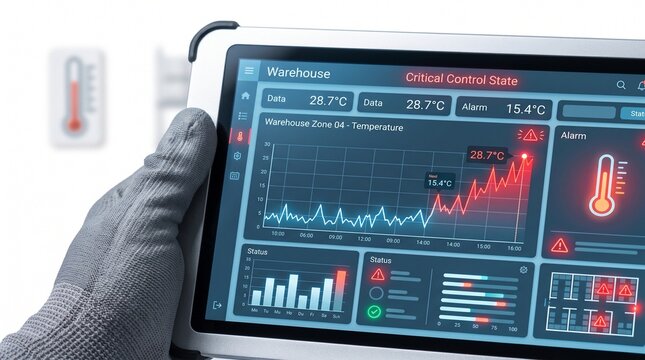 A gloved hand holds a tablet displaying critical system data graphs and charts.