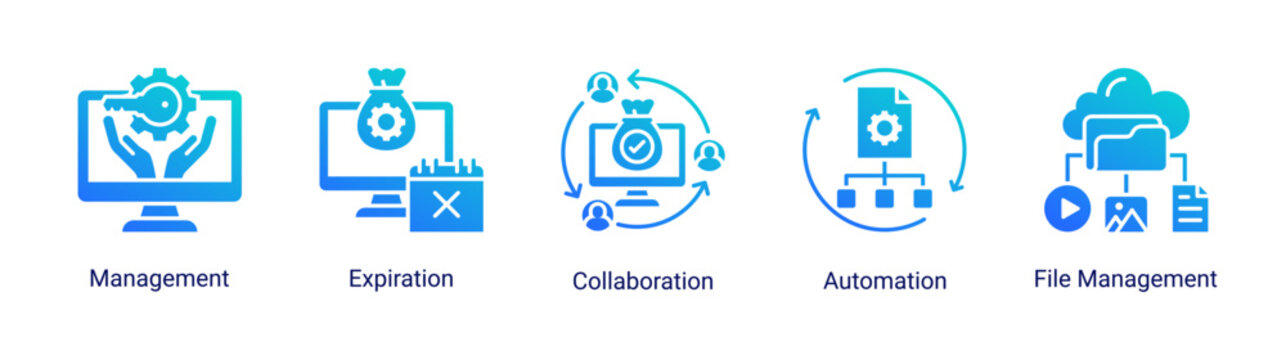 Asset Workflow icon set featuring collaboration,automation,and file organization for streamlined asset operations.