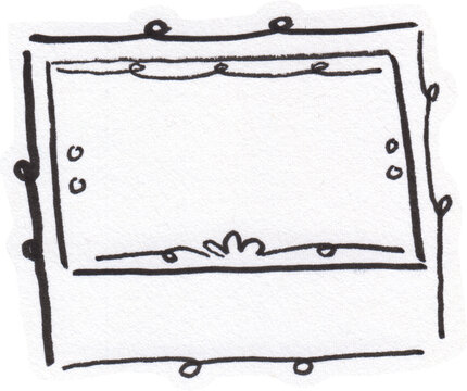 Hand drawn frame doodle with decorative swirls and rectangle border for graphic design and scrapbooking elements in sketchy ink style