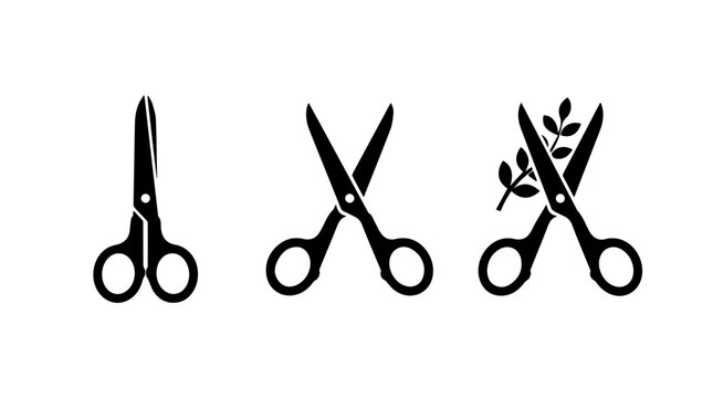 Scissors Icon Set Representing Cutting Tools, Craft, and Precision in Bold Black‑and‑White Vector Style