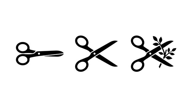 Scissors Icon Set Representing Cutting Tools, Craft, and Precision in Bold Black‑and‑White Vector Style