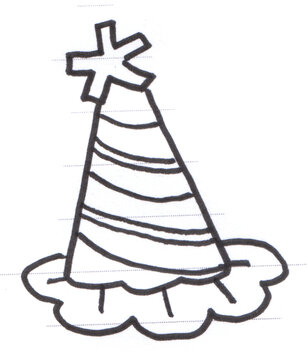 Hand drawn party hat doodle on lined notebook paper black ink sketch of birthday cone hat with star and stripes for celebration design