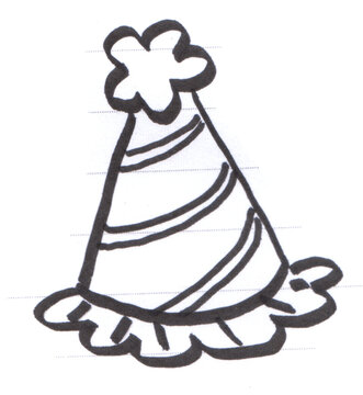 Hand drawn party hat doodle illustration with stripes and flower pom pom for birthday celebration and festive events in a simple black ink sketch style
