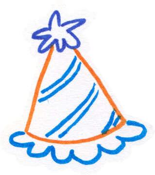 Hand Drawn Party Hat Illustration with Star Topper and Blue Stripes for Birthday Celebration and Festive Event Design