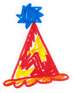 Child Drawing of Colorful Birthday Party Hat with Blue Star Marker Illustration Naive Art Style for Kids Celebration and Holiday Design