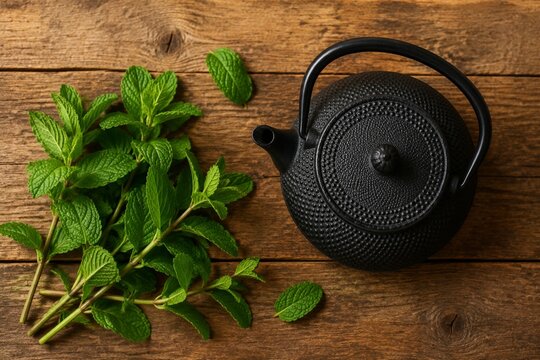 Overhead view of a black iron teapot adorned with fresh mint sprigs on a wooden surface.