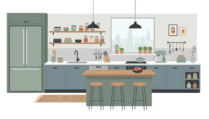 Fototapeta premium Modern cozy kitchen interior featuring blue cabinets wooden countertop and floating shelves with various jars and green house plants.