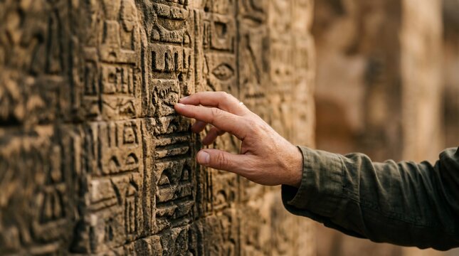 Hand Touching Ancient Carved Stone Relief for Heritage Tourism