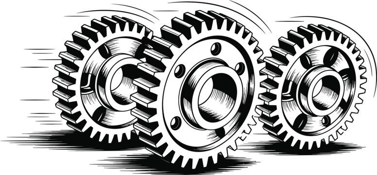 Industrial gear wheels, mechanical cogs, silver metallic gears, motion blur