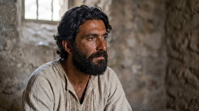Portrait of a thoughtful ancient Levantine man with a beard. Historical biblical character wearing a linen tunic in a stone room