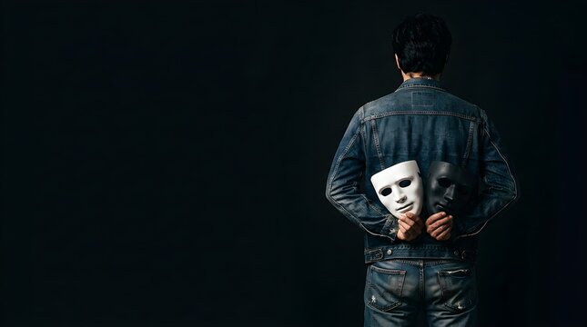 Man Holding White and Black Masks Behind Back Representing Fake People