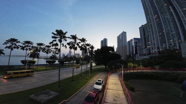 Hyperlapses of the Panama City skyline on the Cinta Costera, during a sunny spring day, 4k 50fps 16 bits, 1 inch sensor