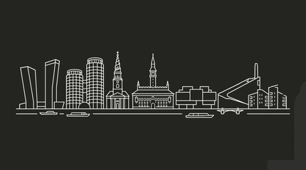 Fototapeta premium Minimalist white line art illustration of a modern Scandinavian city skyline with waterfront and harbor on a dark background