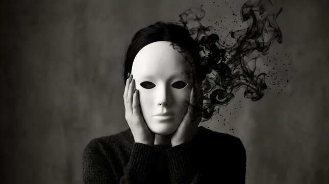 Conceptual Image of Fake People with Woman Holding White Mask