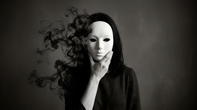 Fake people concept with a white mask dissolving into black smoke