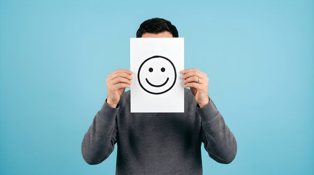Man hiding real emotions with a smiley face paper