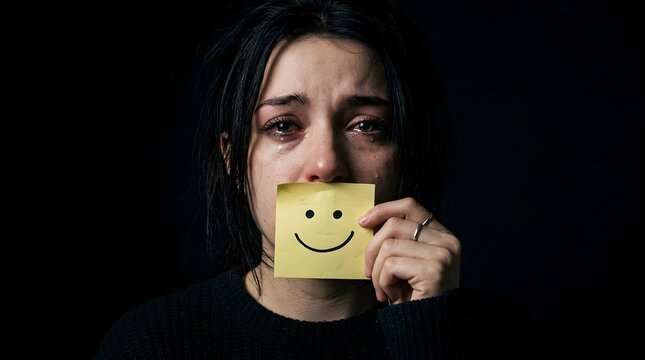 Depressed young woman hiding her sadness with a fake smile note