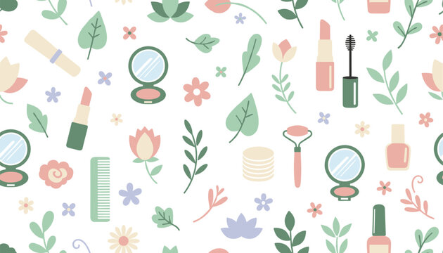 Cosmetic beauty pattern featuring skincare items like lipstick, mascara, facial roller, and mirrors surrounded by soft floral greenery elements.