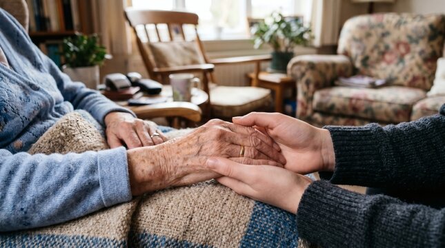 Caring hands holding elderly wrinkled hands with rings in a cozy home setting