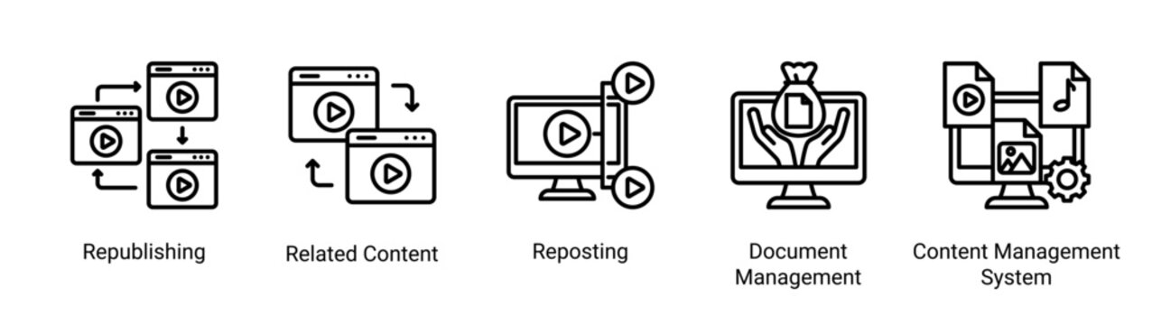 Content Delivery icon set featuring content distribution,reuse,and document organization across digital platforms.