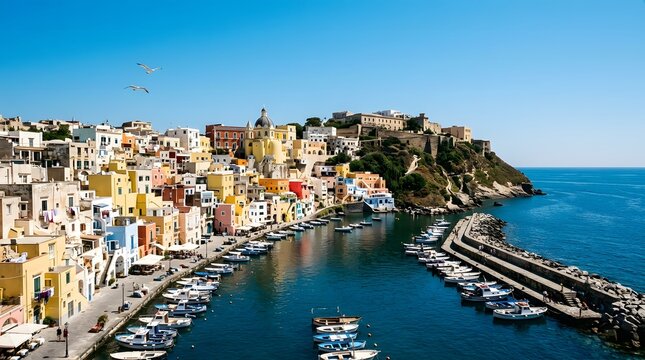 Panoramic view of the colorful corricella harbor in procida, italy, featuring vibrant pastel houses, fishing boats moored in the blue water, and a historic fortress on the cliff under a clear sky