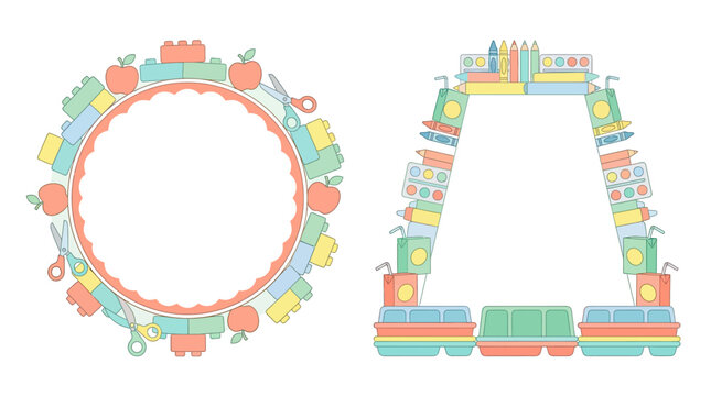 Circular and trapezoid frames with playful school supply icons.