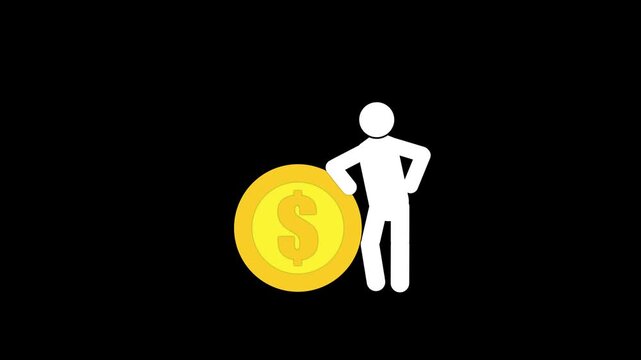 stick figure character with Big Gold Dollar coin Animation.A simple style animation of a stick figure person standing next to a giant golden dollar icon.