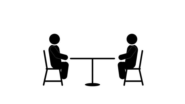 Minimalist stick figure animation of two people sitting at a table talking concept animation.