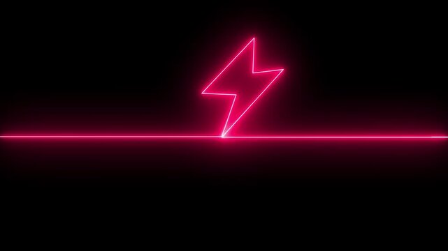 Abstract orange neon glowing battery charging icon animation on black background.Glowing neon lightning bolt icon, Violet orange color battery icon, Battery charging animation.