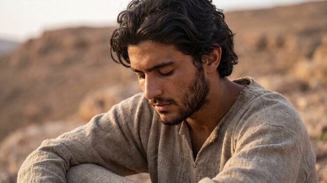 Portrait of young ancient Levantine Semitic man identifiable as David. Biblical character with olive skin and dark hair praying in desert. Historical religious concept