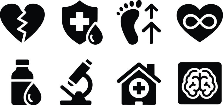 Set of medical and healthcare black silhouette icons featuring broken heart shield footprint microscope hospital brain and medicine bottle isolated.