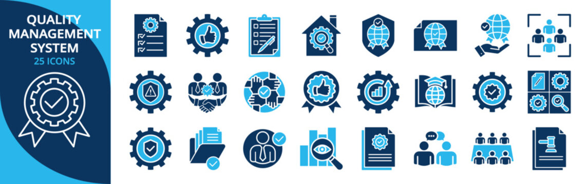 Quality management system glyph icon set. Contain quality assurance, improvement, risk management, corrective action, customer focus, compliance, benchmarking, communication, commitment, documented 