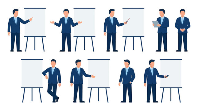 Businessman presenting with blank flip chart board in different poses. Male corporate speaker, lecturer or trainer giving presentation or training
