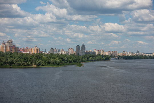 A view of Kyiv's Obolon district and the Dnieper River on a summer day