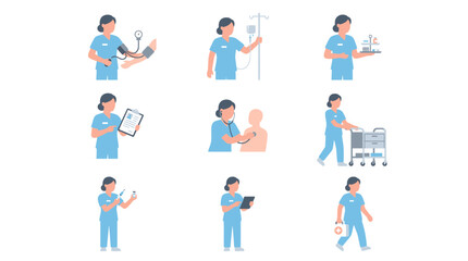 Fototapeta premium Set of professional surgeon icons in blue scrubs holding surgical tools and medical equipment for healthcare and hospital procedures illustration